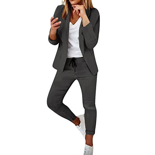 BOOMJIU Damen Zweiteiliger Anzug Set Revers Business Büro Formal Blazer Langarm Anzugjacke Hosenanzug Slim Fit Hose 2 Stück Modern Festlicher Suit von BOOMJIU