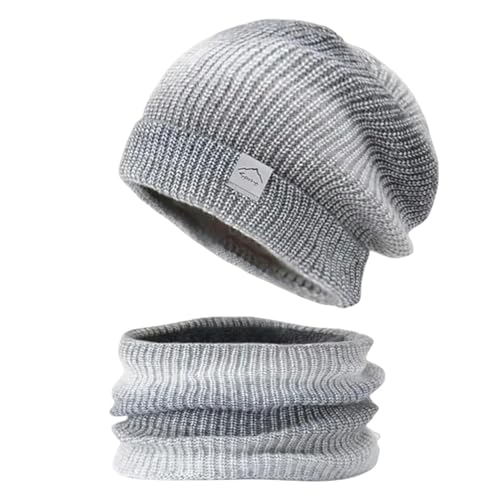 Schal Mütze Set Winter Warmer Ohrschutz Beanie Hut Modische Gradientenfarbe Mütze Hut Und Schal Set Für Frauen-Grau von BOQUN