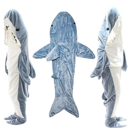 BORATO Shark Blanket Hai-Decke Für Kinder Und Erwachsene, Tragbarer Flanell-Haifischschwanz-Hoodie, Superweicher Fleece-Schlafsack-Blau Weiss-L 170Cm von BORATO
