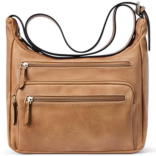 BOSTANTEN Umhängetasche Damen Kleine Schultertasche Handtasche für Frauen PU Leder Crossbody Bag Multifunktionale Messenger Bag für Arbeit Schule Einkaufen,Hellbraun von BOSTANTEN