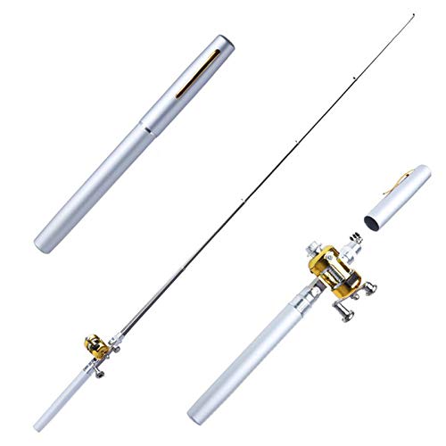 BOTCAM Angeln Mini Alloy Reel Fish Pole Pocket Pen Teleskop + Rod Aluminium Angeln Angelsets Komplett (,Silver, One Size) von BOTCAM