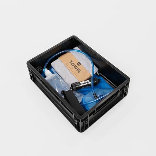 BOXIO - WASH UP: Ergänzung Komplettset Camping Waschbecken, perfektes Zubehör in Eurobox mit Handtuch und Wasserfilter Komplettset - ideal für Vanlife, fürs Festival oder den Garten von BOXIO