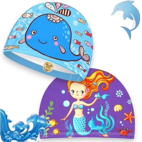 2er-Pack Badekappen – Badekappe aus Stoff für Kinder – Poolmütze mit Cartoon-Motiv – elastisches Polyester für Jungen und Mädchen im Alter von 1 2 3 oder 4 Jahren von BRACO
