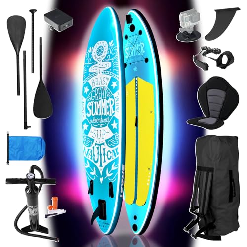 BRAST® SUP Board mit LEDs | Aufblasbares Stand up Paddling Set | 320x81x15cm | 4 Designs | LED-Beleuchtung mit 10 Farben | 5 Jahre Garantie | 2in1 Paddel Kajak-Sitz Action-Cam-Halterung Fußschlaufe von BRAST