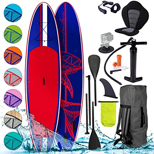 BRAST SUP Board Shark | Aufblasbares Stand up Paddle Set | 300-365cm viele Modelle | inkl. Zubehör Fußschlaufe Paddel Pumpe Rucksack | Blau Grün Gelb Rot Türkis Orange Pink | Blau Rot 300 von BRAST