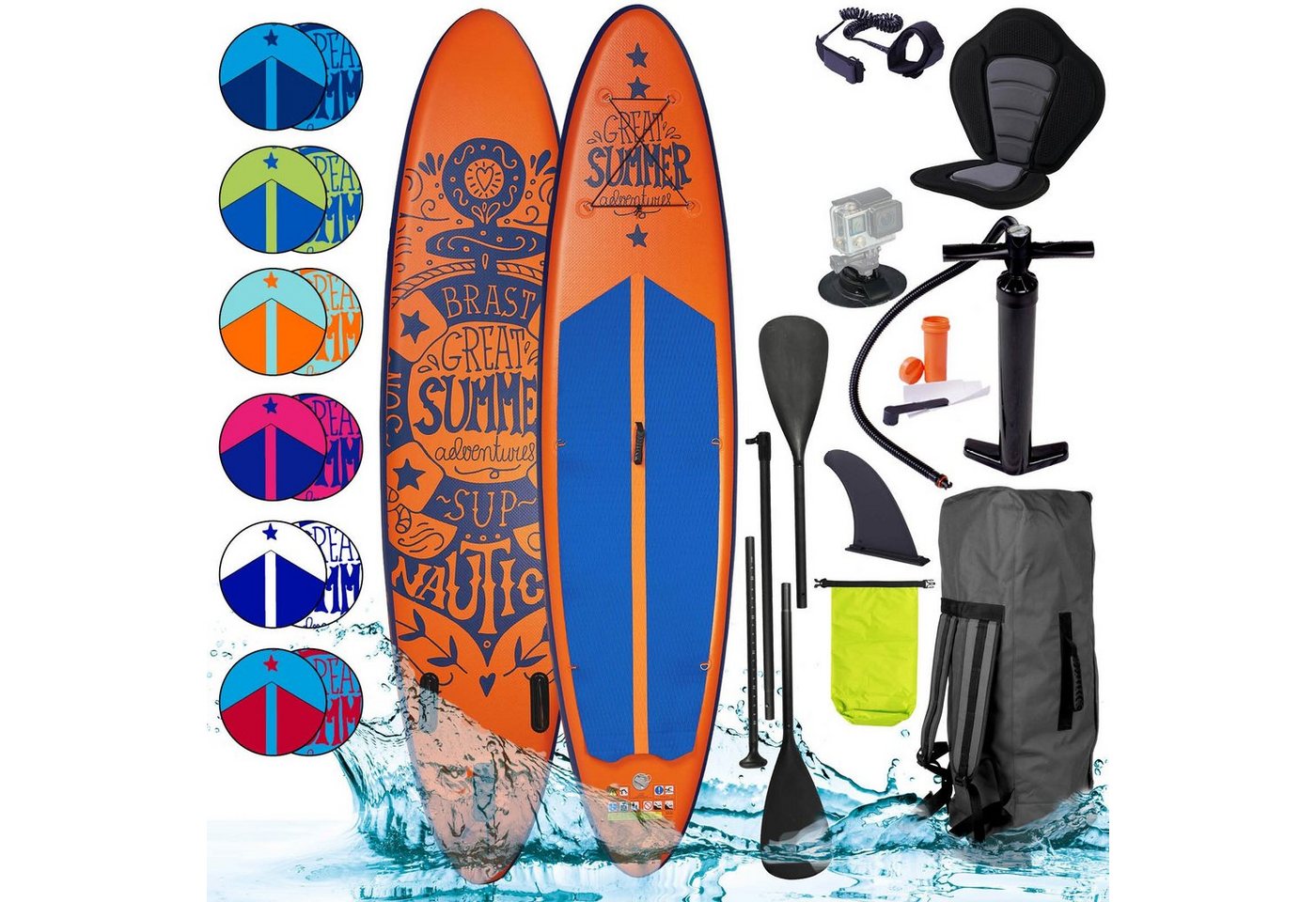 BRAST SUP-Board Summer Aufblasbares Stand up Paddle Set - 320x81x15cm, 5 Jahre Garantie inkl. Sonderzubehör, (2in1 Paddel Kajak-Sitz Action-Cam-Halterung), Fußschlaufe Paddel Pumpe Rucksack von BRAST