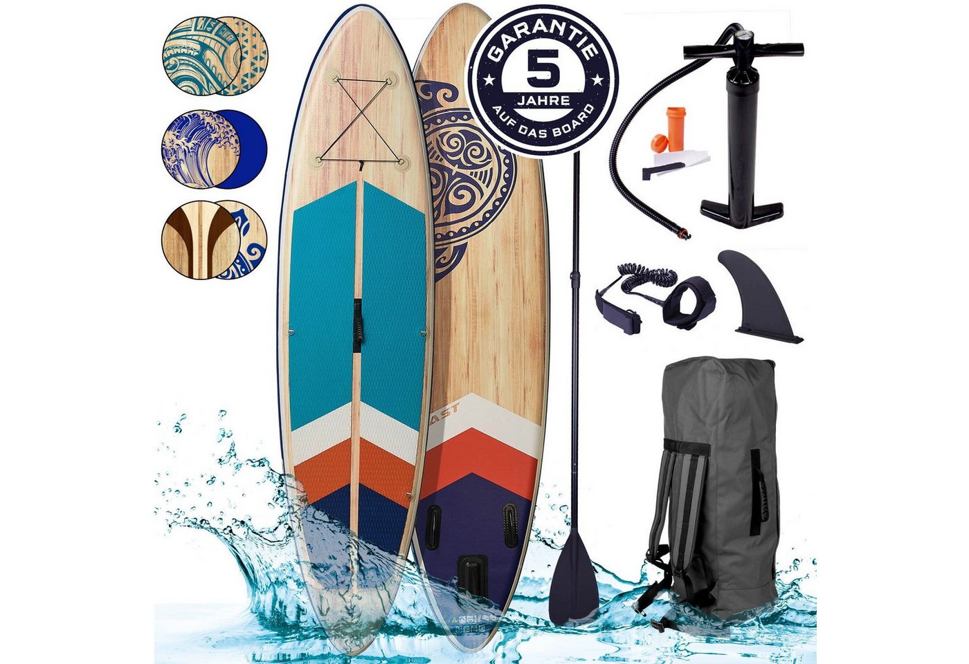 BRAST SUP-Board Tribal Ocean Sixties & Turtle, Aufblasbares Stand up Paddle Set, (320x81x15cm viele Modelle), incl. Zubehör, 5 Jahre Garantie, Fußschlaufe Paddel Pumpe Rucksack von BRAST