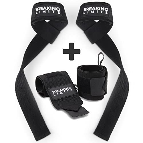 Breaking Limits Set aus Lifting Straps & Wrist Wraps - 2 Handgelenkbandagen, 2 Zughilfen - Krafttraining, Gewichtheben, Kraftsport, Bodybuilding, Krafttraining, Powerlifting von BREAKING LIMITS