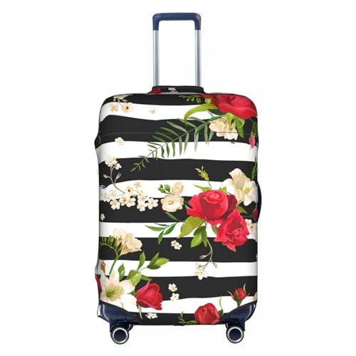 BREAUX Gepäckschutzhülle mit schwarz-weißen Streifen, rote Rosen-Blumen, Einheitsgröße, XL, geeignet für Gepäck von 73,3 - 81,3 cm, schwarz-weiße Streifen, rote Rosenblüten, XL, Schwarz Weiß Streifen von BREAUX