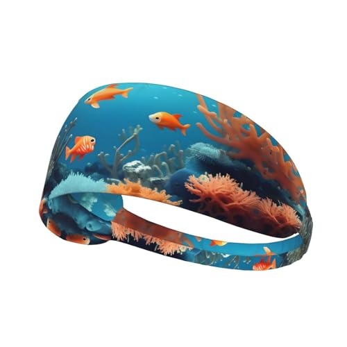Elastisches Aldult-Stirnband für Damen und Herren, feuchtigkeitsableitend, athletisch, zum Laufen, Trainieren, Korallenfische unter Wasser von BROLEO