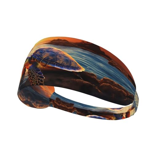 Elastisches Aldult-Stirnband für Damen und Herren, feuchtigkeitsableitend, athletisch, zum Laufen, Trainieren, Meeresschildkröten-Sonnenuntergangsmuster von BROLEO