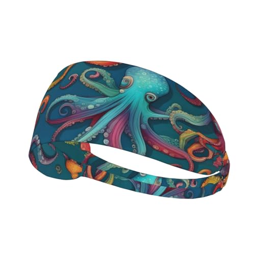 Elastisches Aldult-Stirnband für Damen und Herren, feuchtigkeitsableitend, athletisch, zum Laufen, Trainieren, buntes Oktopus-Bild von BROLEO