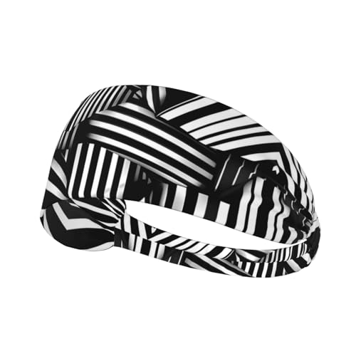 Elastisches Aldult-Stirnband für Damen und Herren, feuchtigkeitsableitend, athletisch, zum Laufen, Trainieren, schwarz-weiße geometrische Linien von BROLEO