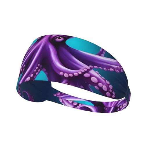 Elastisches Aldult-Stirnband für Damen und Herren, feuchtigkeitsableitend, athletisch, zum Laufen, Trainieren, violettes Oktopusbild von BROLEO