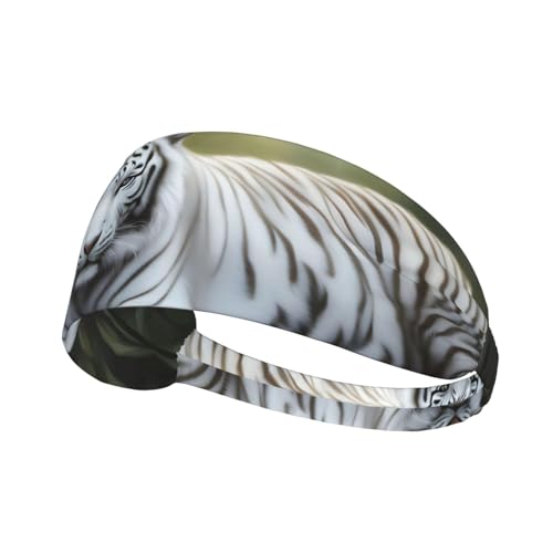 Elastisches Aldult-Stirnband für Damen und Herren, feuchtigkeitsableitend, athletisch, zum Laufen, Trainieren, weißes Tigerbild von BROLEO