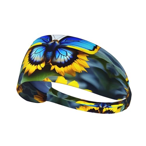 Elastisches Aldult Übungs-Stirnband für Damen und Herren, feuchtigkeitsableitend, athletisch, zum Laufen, Trainieren, Sonnenblumen-blaues Schmetterlingsmuster von BROLEO