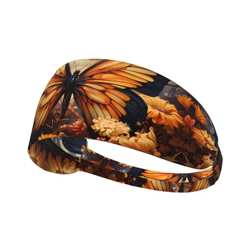 Elastisches Aldult-Übungs-Stirnband für Damen und Herren, feuchtigkeitsableitend, athletisch, zum Laufen, Trainieren, orange-gelbes Schmetterlingsmuster von BROLEO