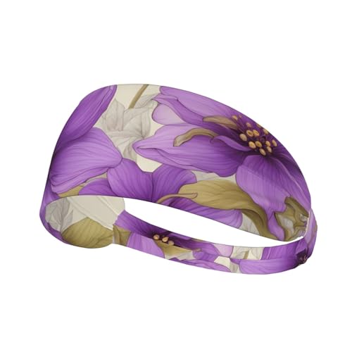 Elastisches Aldult Übungs-Stirnband für Damen und Herren, feuchtigkeitsableitend, athletisch, zum Laufen, Trainieren, schönes lila Blumenbild von BROLEO