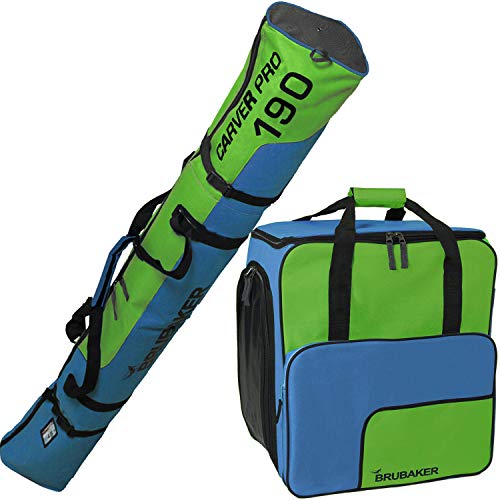 BRUBAKER Kombi Set Skisack und Skischuhtasche für 1 Paar Ski bis 190 cm + Stöcke + Schuhe + Helm Blau Grün von BRUBAKER