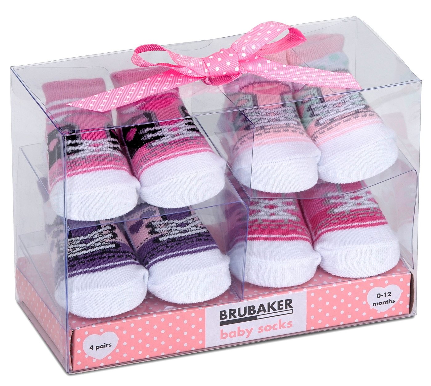 BRUBAKER Socken Babysocken für Mädchen 0-12 Monate (4-Paar, Baumwollsocken im Sneaker Style) Turnschuh Design, Baby Geschenkset für Neugeborene in Geschenkverpackung mit Schleife rosa, Schuh Muster Optik von BRUBAKER