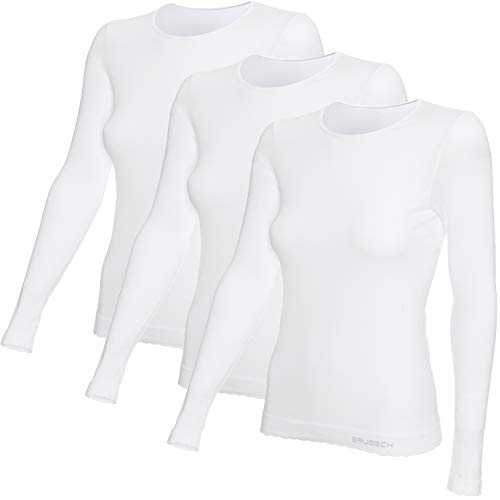 BRUBECK 3er Pack Damen Langarmshirts weiß | T-Shirt mit Langen Ärmeln für Frauen | weißes Langarm Shirt 55% Baumwolle | Unterhemd atmungsaktiv schnell trocknend | LS00900A | Gr. XL | White von BRUBECK