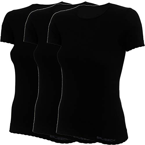 BRUBECK 3er Pack Damen T-Shirt | 55% Baumwolle | Kurzarmshirt | Funktionsshirt | Atmungsaktiv | Geruchshemmend | Schnell trocknend | Fein | SS00970A, Größe:L, Farbe:Black von BRUBECK
