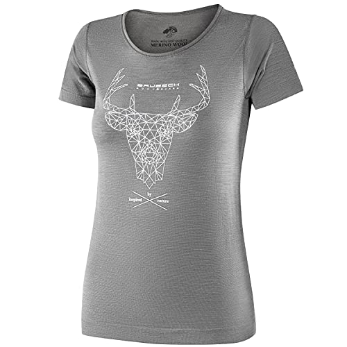 BRUBECK Damen Kurzarm Funktionsshirt | Atmungsaktiv | Thermo | Sport | Outdoor | Fitness | Unterhemd | T-Shirt | 27% Merino-Wolle | SS12720A Gr. M Grau - Hirsch von BRUBECK