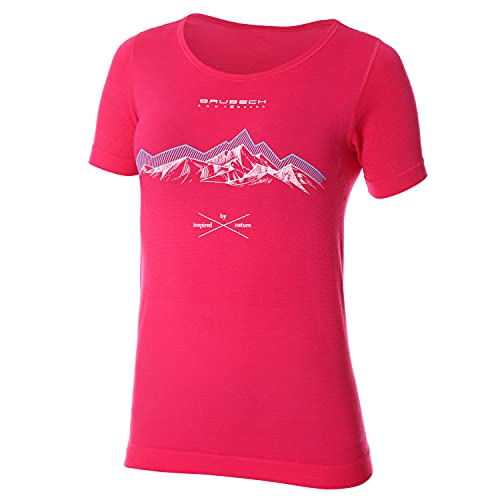 BRUBECK Damen Kurzarm Funktionsshirt | Atmungsaktiv | Thermo | Sport | Outdoor | Fitness | Unterhemd | T-Shirt | 27% Merino-Wolle | SS12720A Gr. M Himbeere - Berge von BRUBECK