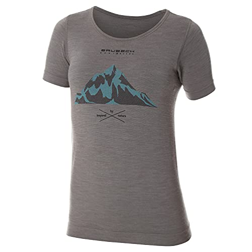 BRUBECK Damen Kurzarm Funktionsshirt | Atmungsaktiv | Thermo | Sport | Outdoor | Fitness | Unterhemd | T-Shirt | 27% Merino-Wolle | SS12720A Gr. XL Grau - Berge von BRUBECK