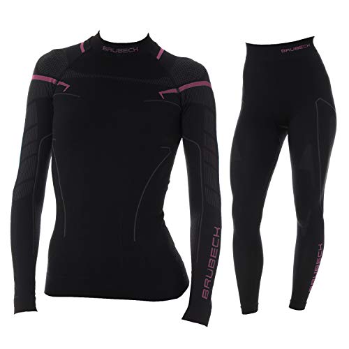 BRUBECK Damen Thermo Funktionsunterwäsche Set: Hose + Langarmshirt | Base Layer | Atmungsaktiv | Geruchshemmend | Klimaregulierend | Schnell trocknend | LE11870 + LS13100, Größe:L, Farbe:Black/Pink von BRUBECK