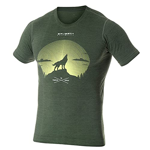 BRUBECK Trainingsshirt Männer - Funktionsshirt für Herren - Wandershirt atmungsaktiv - T-Shirt 27% Merinowolle - Trekking Shirt Bedruckt - Hiking - Gr.S, Dunkelgrün - Wolf - SS12650A von BRUBECK