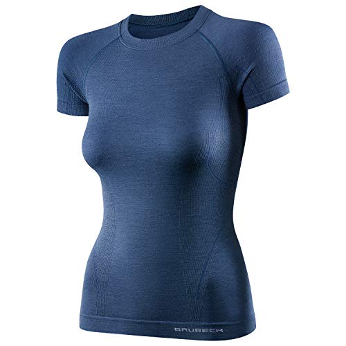 BRUBECK Unterhemd Damen Kurzarm | T-Shirt für Mädchen Frauen | Funktionswäsche | nahtloses Funktionsshirt | atmungsaktives Outdoorshirt mit 41% Merinowolle | Gr. S, D.Jeans | SS11700 von BRUBECK