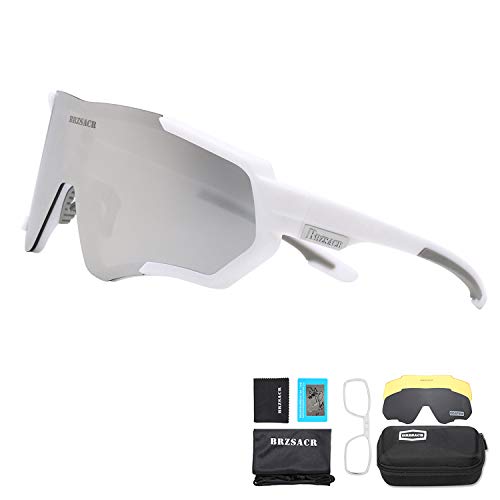 BRZSACR Polarisierte Sport-Sonnenbrille mit austauschbaren Lenes für Männer Frauen Radfahren Laufen Fahren Angeln Golf Baseball Brillen (3-Farben-Wechselobjektiv) (Grau weiß) von BRZSACR