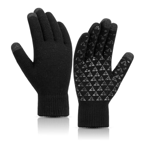 BSLVWG Warme Winterhandschuhe, Touchscreen-Strickhandschuhe, Unisex, rutschfest, Thermo-Wolle, gefüttert, winddicht, zum Autofahren, Laufen, Radfahren, für Herren und Damen (schwarz, Herren) von BSLVWG