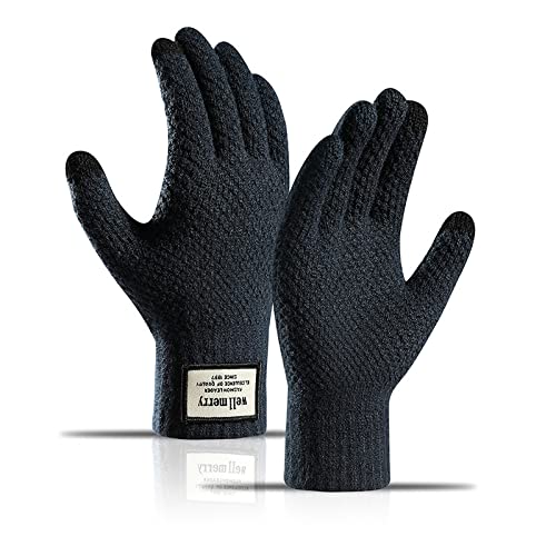 BSLVWG Winter Touchscreen Handschuhe Männer Anti-Rutsch Thermal Handschuhe Stricken Herren Handschuhe Verdickte elastische Winddichte Manschette Warme Flusen Futter für das Fahren Laufen (Marine) von BSLVWG