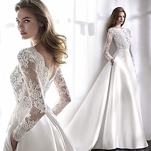 BTAISYDE Brautkleider für Braut mit Spitze Applikationen Chiffon Frauen Kleid Lange Ärmel Strand Braut,White,10 von BTAISYDE