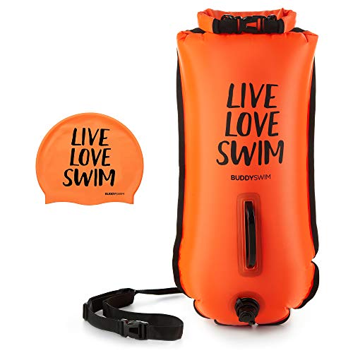 Buddyswim - Schwimmboje für das Freiwasserschwimmen von 28 Litern. Inklusive passender Schwimmbadekappe aus Silikon. Farbe Orange. von Buddyswim
