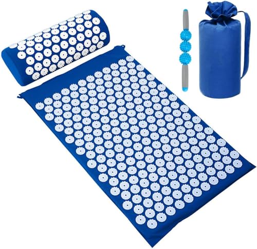 Akupressurmatte & Kissen Set/Akupunkturmatte Spike Yogamatte für Massage Wellness Entspannung und Verspannungen Entspannung Muskeln Entspannung nach Sport Genesung - mit Tragetasche (Blau) von BULZEU