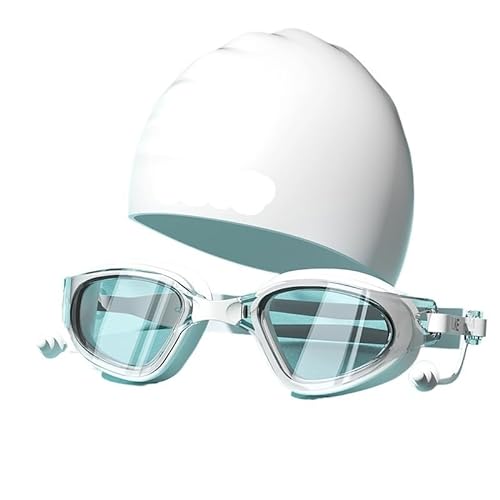 BUPEI Schwimmbrillenkappe, HD-Antibeschlag-Schwimmbrillenset for Erwachsene, wasserdichte Silikonbrille mit Ohrstöpseln (Color : WHITE) von BUPEI