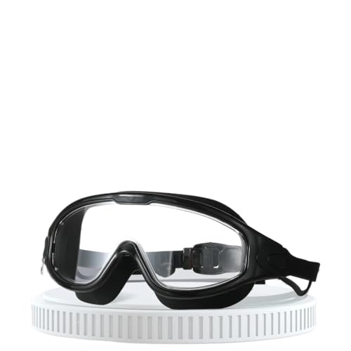 Schwimmbrille aus Silikon, großer Rahmen mit Ohrstöpseln, professionelle HD-Antibeschlag-Augenmaske for Männer und Frauen (Color : Black) von BUPEI