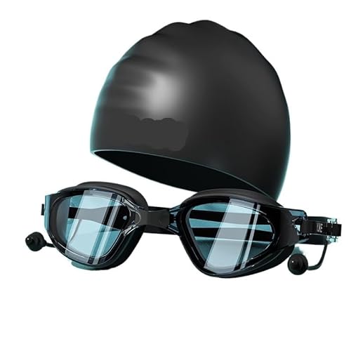 Schwimmbrillenkappe, HD-Antibeschlag-Schwimmbrillenset for Erwachsene, wasserdichte Silikonbrille mit Ohrstöpseln (Color : Black) von BUPEI