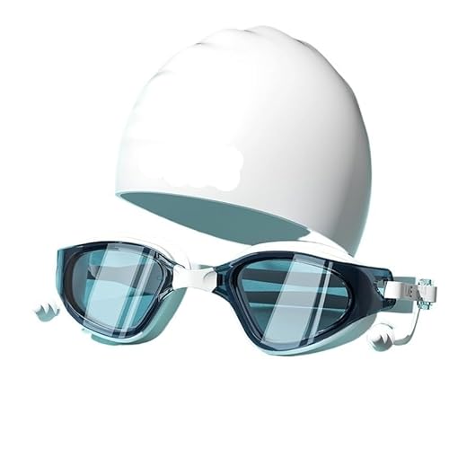 Schwimmbrillenkappe, HD-Antibeschlag-Schwimmbrillenset for Erwachsene, wasserdichte Silikonbrille mit Ohrstöpseln (Color : Blue) von BUPEI