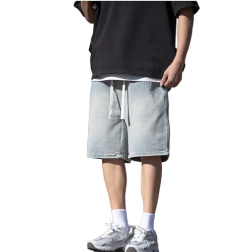 BURAANSH Herren Sommer Baggy Straight Denim Shorts Elastische Taille Mode Lässig Lose Kurze Kurze Männliche Kleidung,Hellblau,XXL (72,5–80 Kg) von BURAANSH