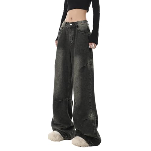 BURAANSH Hohe Taille Frauen Schwarze Jeans Hip-Hop-Stil Mode Vintage Streetwear Y2K Breite Bein Jean Weibliche Hosen Baggy Denim Hosen,Schwarz,S von BURAANSH