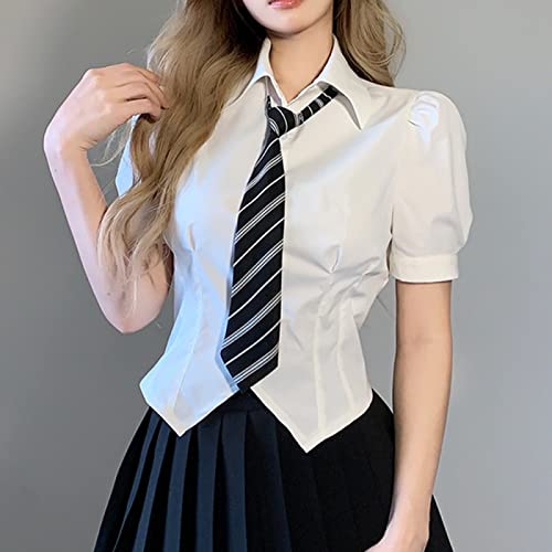 BURAANSH Krawatte Crop Top Button Kurzarm T-Shirt Weiß Prepply Ruched Korean Cardigans Damen Vintage Tee Streetwear Y2K,White,S von BURAANSH