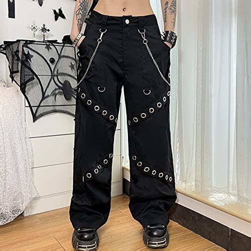 BURAANSH Schwarze Ketten Cargo Y2k Hosen Punk Frauen Egirl Hohe Taille Emo Baggy Hose Retro Streetwear Hippie Pantalon,Schwarz,M von BURAANSH