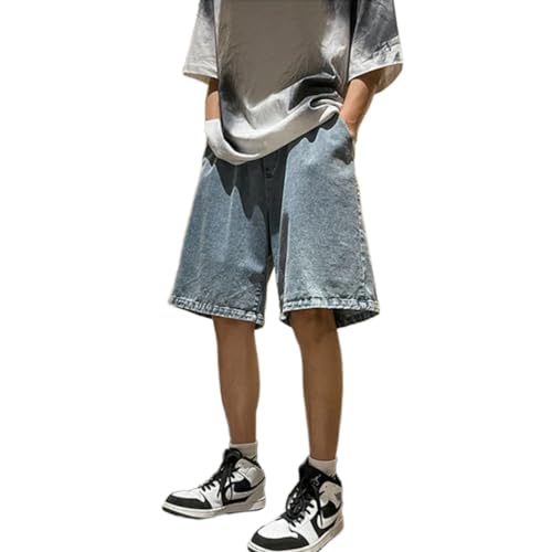 BURAANSH Sommer Männer Denim Shorts Mit Breitem Bein Mode Koreanischen Stil Casual Baggy Kurze Jeans Männliche Kleidung,Blau,S (42,5–50 Kg) von BURAANSH