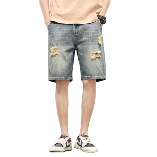 BURAANSH Sommer Männer Vintage Denim Shorts Ripped Holes Baggy Gerade Beiläufige Kurze Jeans Mode Koreanische Hip Hop Streetwear,Blau,30 von BURAANSH