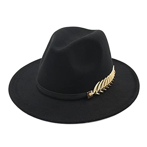 BUXIANGGAN Fedora Trilby Hut Burgund Frauen Fedora Hut Weiblicher Filzhut Blatt Große Krempe Britischen Stil Retro Jazz Cap Zubehör 55-58Cm Blackhat von BUXIANGGAN