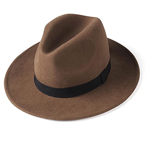 BUXIANGGAN Fedora Trilby Hut Fedora Hut Für Frauen Männer Filz Hut Mit Breiter Krempe Vintage Jazz Fedora Hut Paar Cap Chapeau Femme L58-59.5Cm Hellbraun1 von BUXIANGGAN